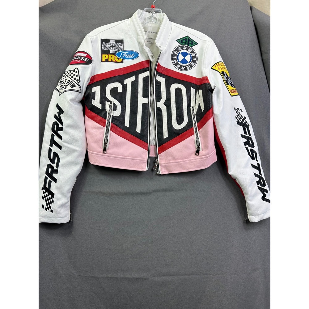 First Row Women Racing Jacket White Pink Cropped Moto Faux Leather Patch Small